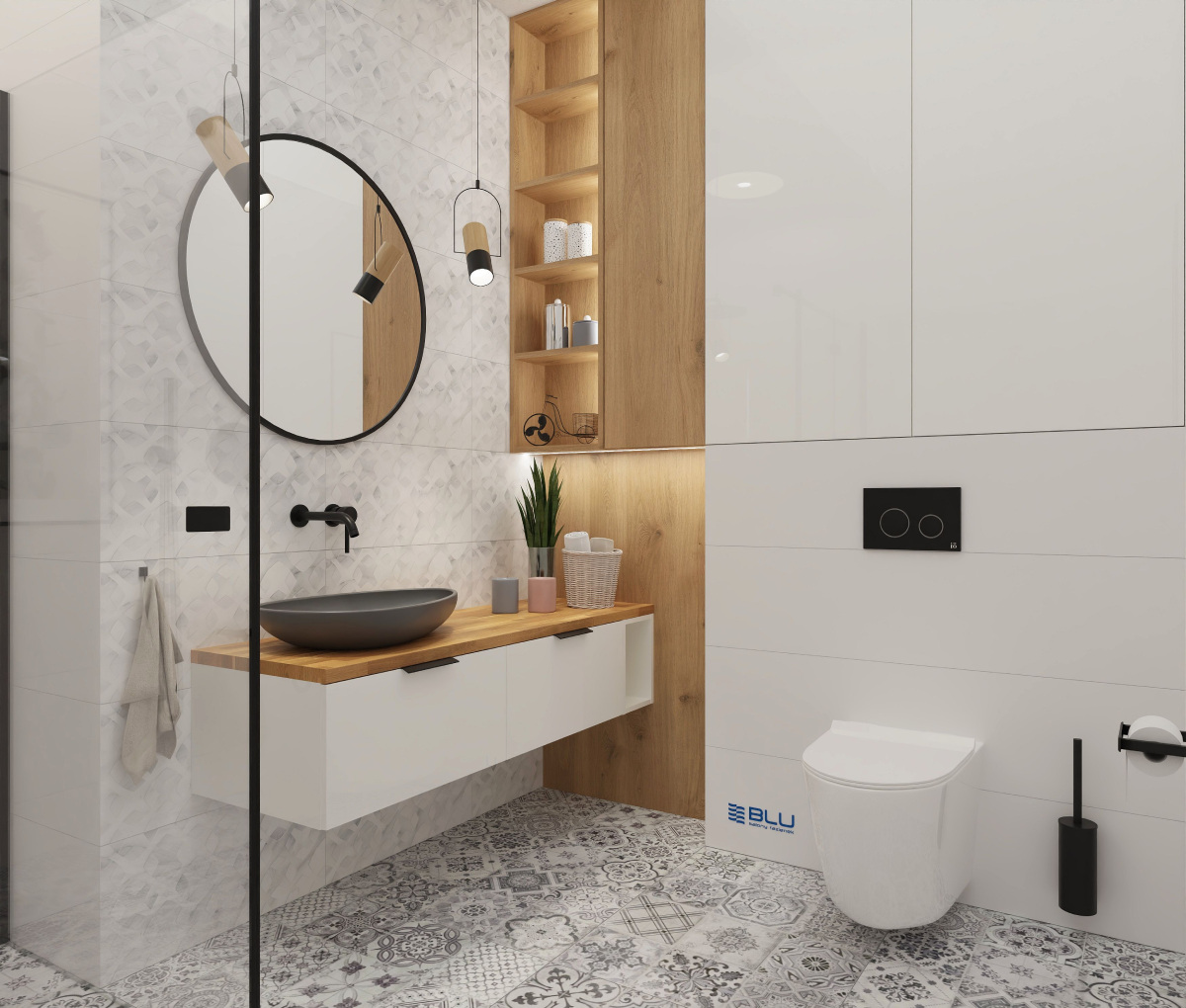 Biała łazienka z elementami drewna i ciemną umywalką nablatową IÖ Tromso.